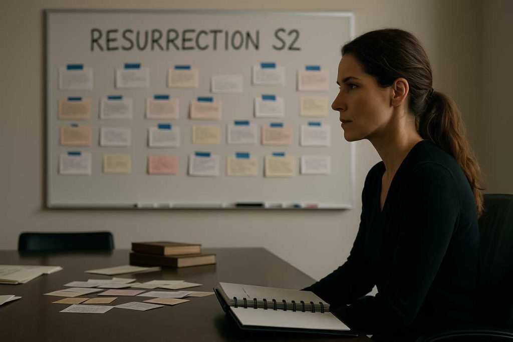 Whiteboard &ldquo;Resurection Season 2,&rdquo; laptop open on settlement headlines