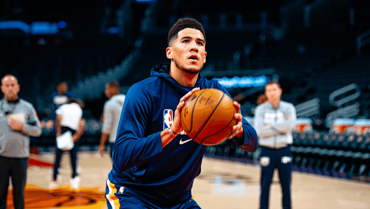 Devin Booker listed as questionable for Suns-Thunder NBA Cup matchup tonight, warming up in pregame drills