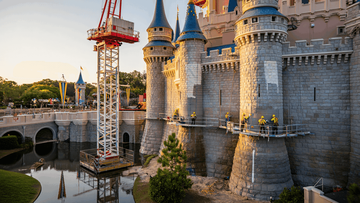 Walt Disney World begins iconic Cinderella Castle repainting in January 2026, cranes arrive for historic transformation