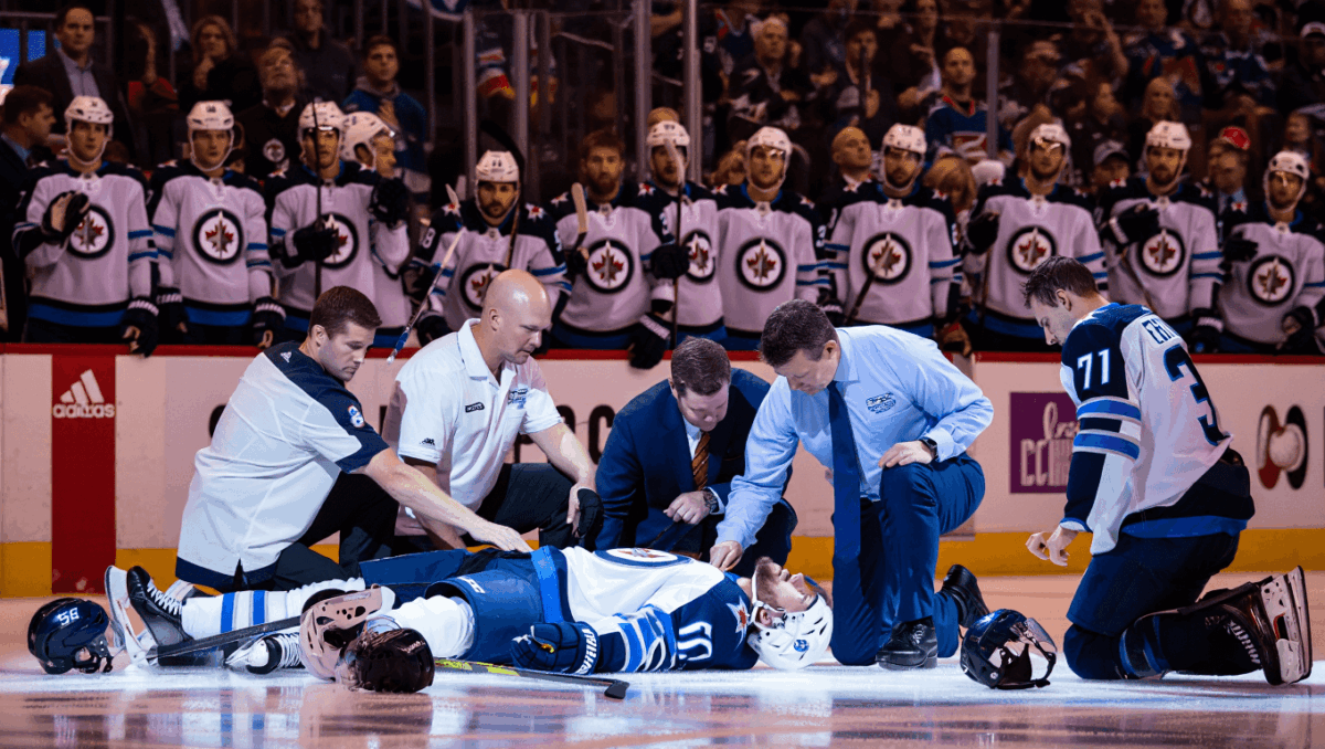 Haydn Fleury stretchered off in scary crash into boards, hospitalized with broken nose during Jets-Golden Knights game