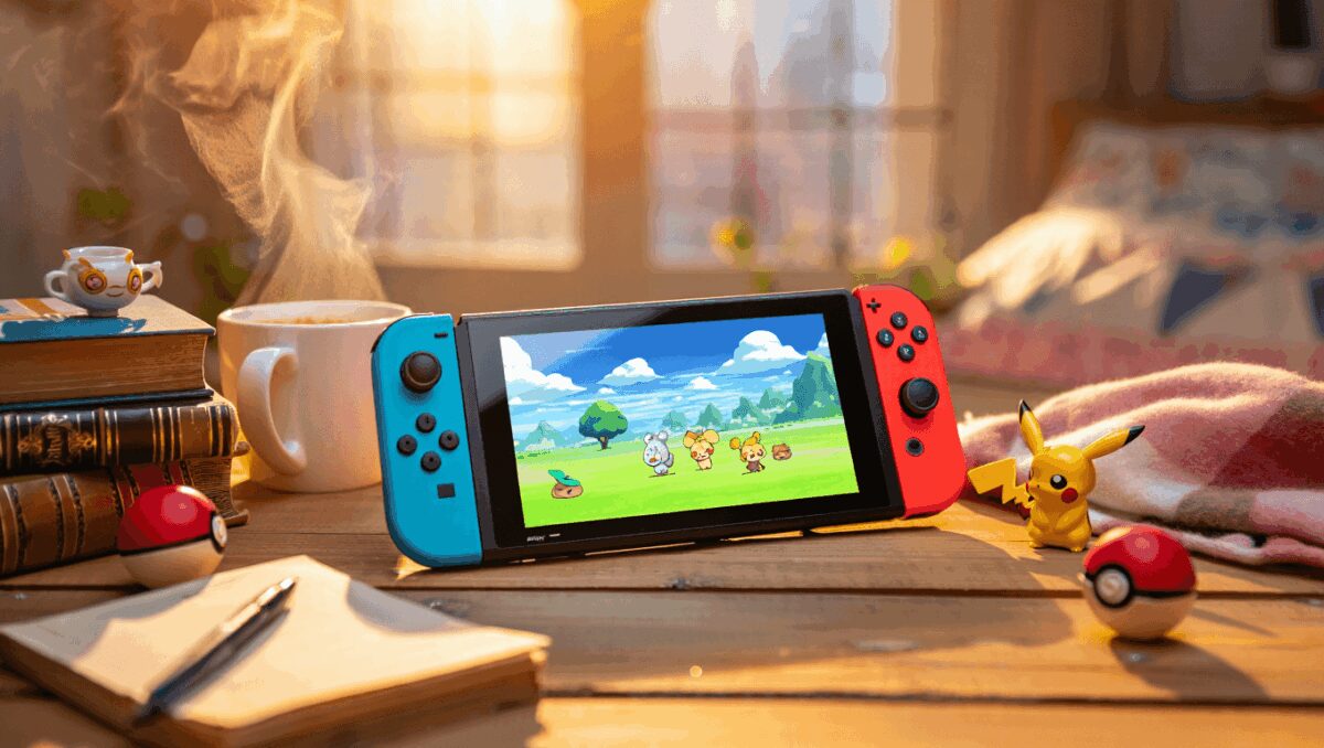Compilation showing a Pokémon Pokopia screeshot and a Nintendo Switch console