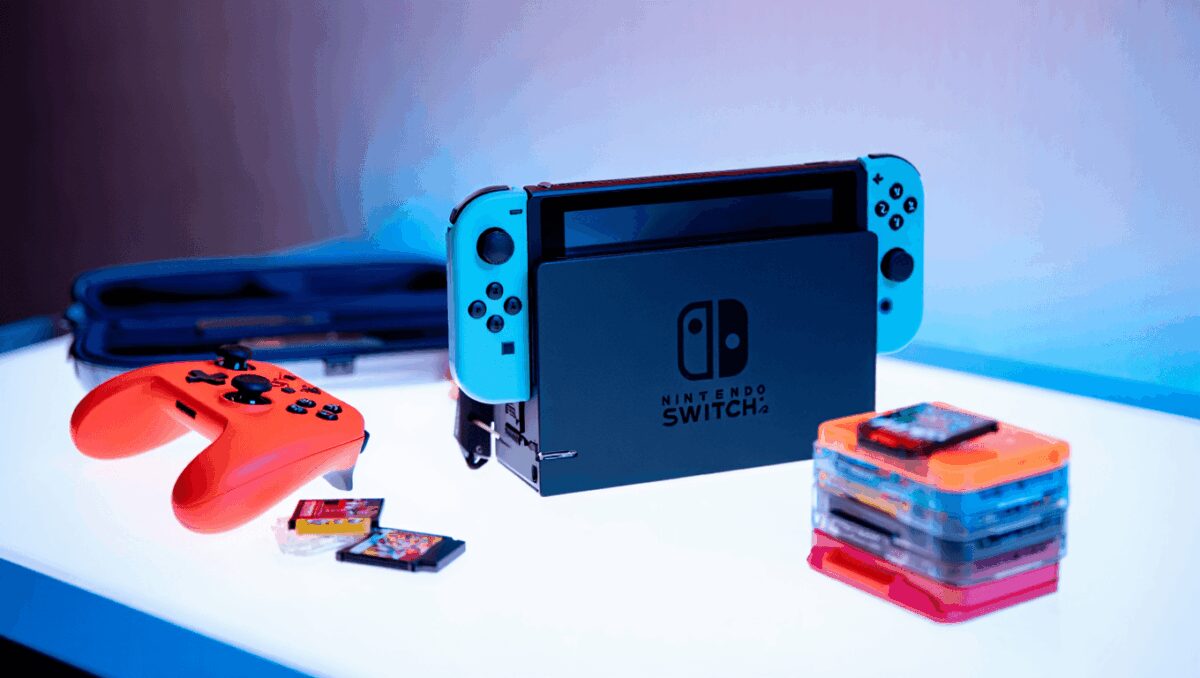 Nintendo Switch 2 photographed under RGB lighting, playing Mario Kart World