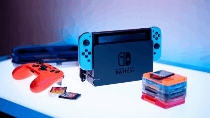 Nintendo Switch 2 photographed under RGB lighting, playing Mario Kart World