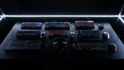A selection of gaming peripherals, including a mouse, a joypad, and some headphones.