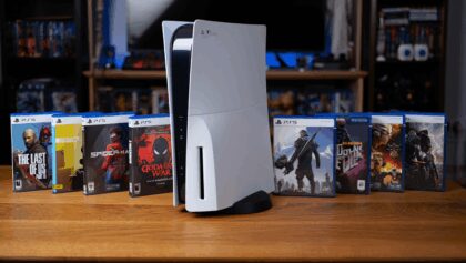 A selection of PS5 games on a blue background.