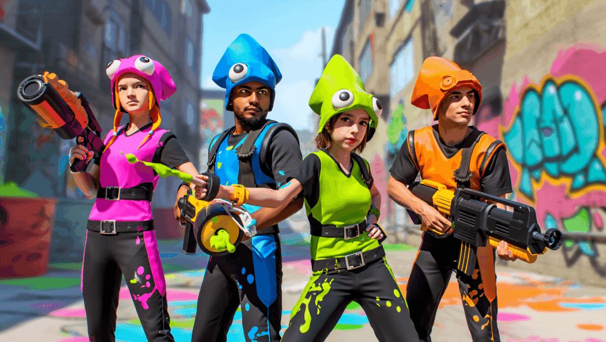 A screenshot from Splatoon Raiders showing The Mechanic looking on while the Exploration Bot drills into a crystal for treasure