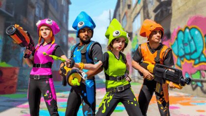 A screenshot from Splatoon Raiders showing The Mechanic looking on while the Exploration Bot drills into a crystal for treasure