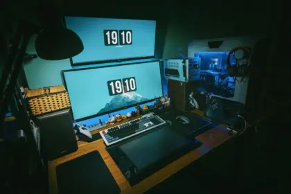 Sleek gaming monitor on a modern desk with controller and keyboard, clean white and black aesthetic