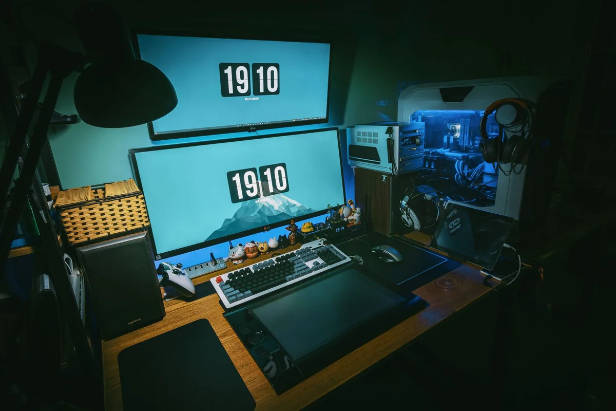 Sleek gaming monitor on a modern desk with controller and keyboard, clean white and black aesthetic