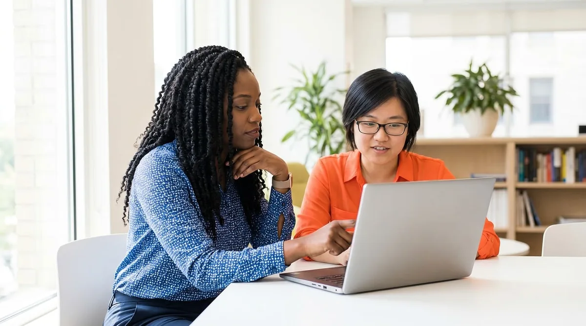 Developers discussing design around a table in a bright office