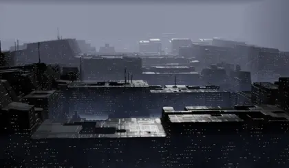 Gamer's hands on a controller facing a dark sci-fi environment with distant threat