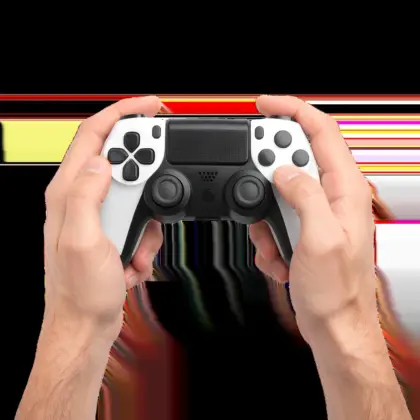 Hands holding a black retro handheld console with glowing logo, surrounded by game cartridges on a table