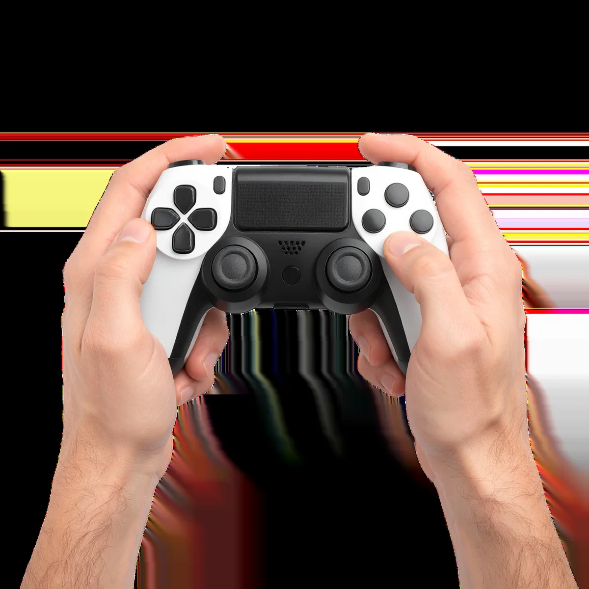 Hands holding a black retro handheld console with glowing logo, surrounded by game cartridges on a table