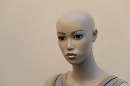 Sunlit newsroom desk with mannequin head wearing a wig and notes, hinting at behind-the-scenes disguises