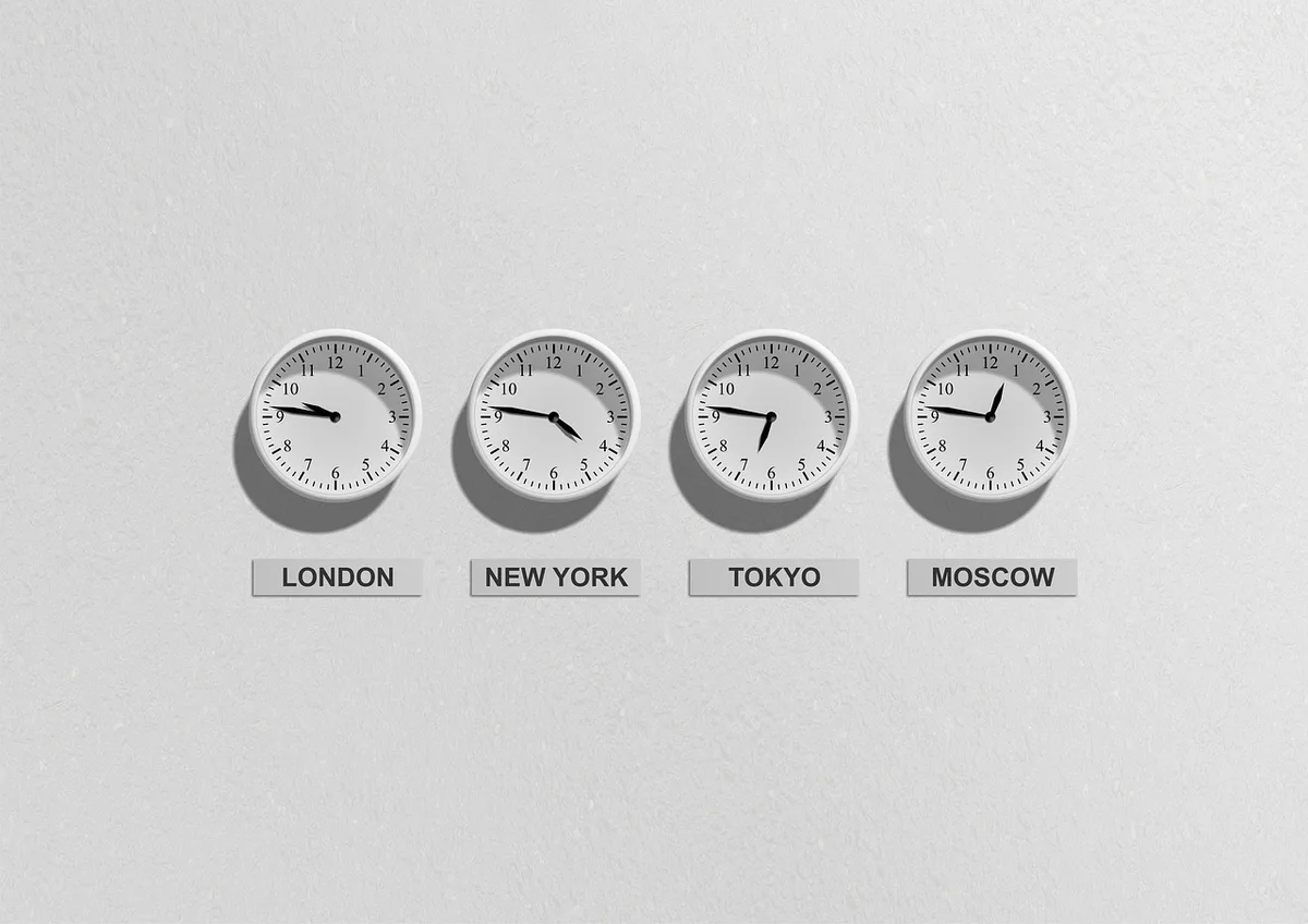 Digital display showing multiple time zones for different countries